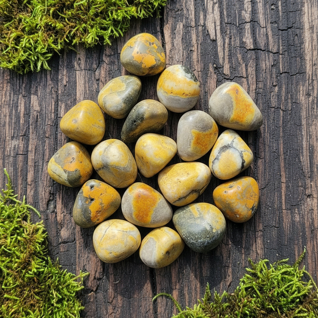 A collection of polished Bumblebee Jasper tumbles held in a person's hand.