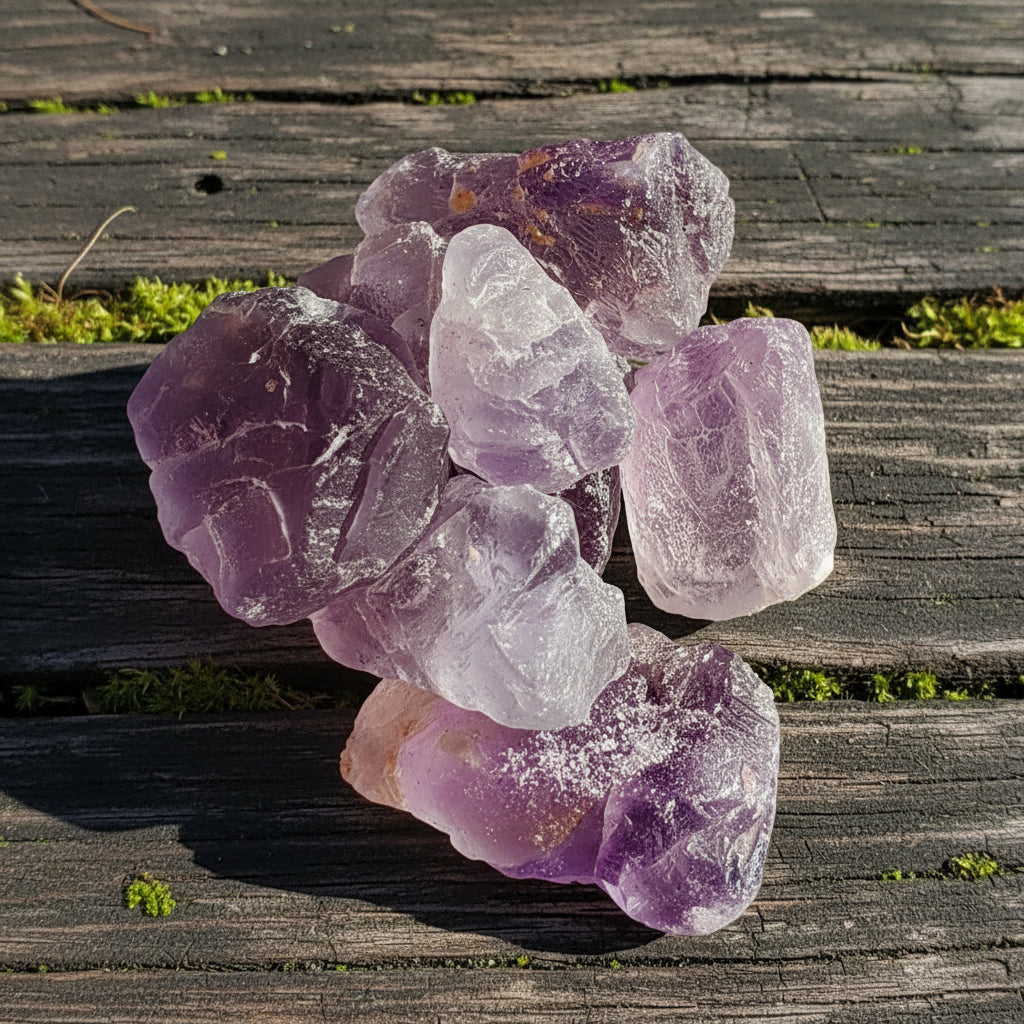 A hand holding several raw fluorite crystals, with varying shades of purple and clear sections.