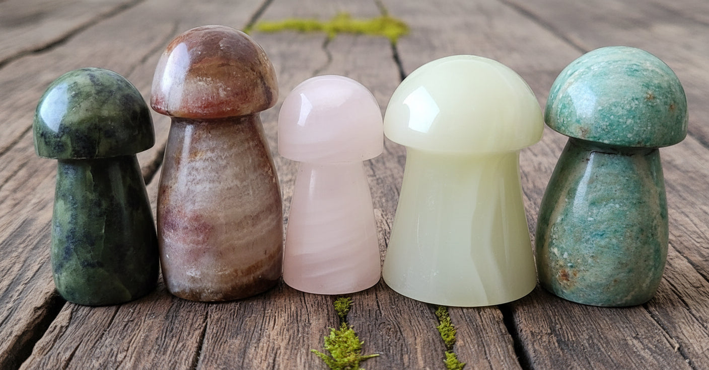 A collection of three different colored mushroom-shaped crystal carvings on a wooden surface.