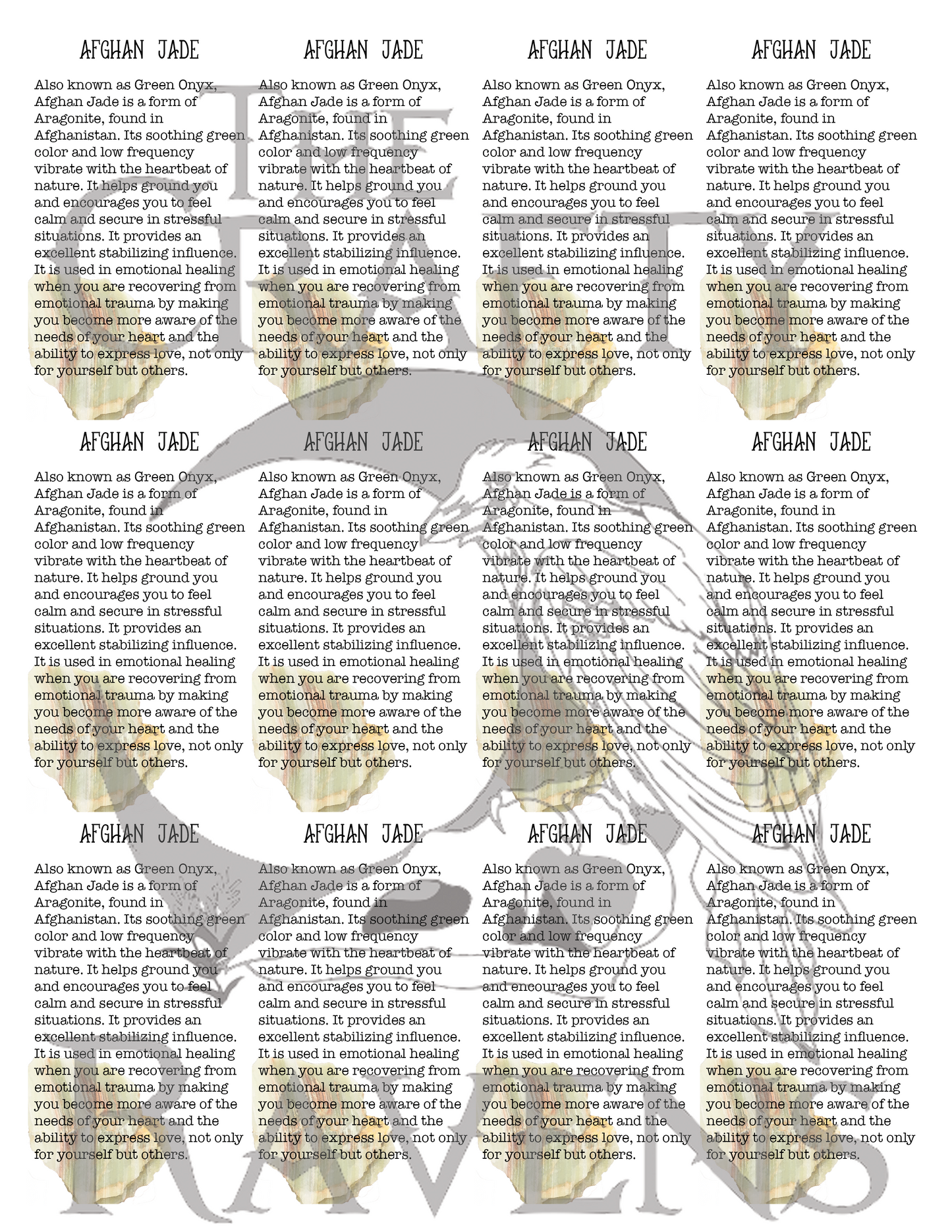 بطاقات معلومات الكريستال - ورقة من 12