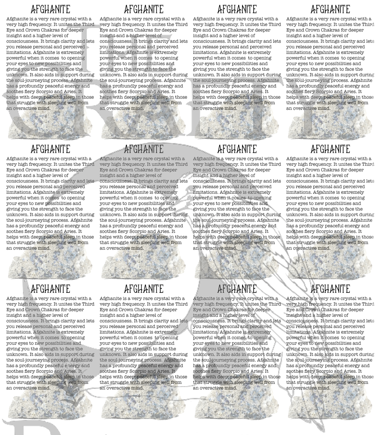 بطاقات معلومات الكريستال - ورقة من 12