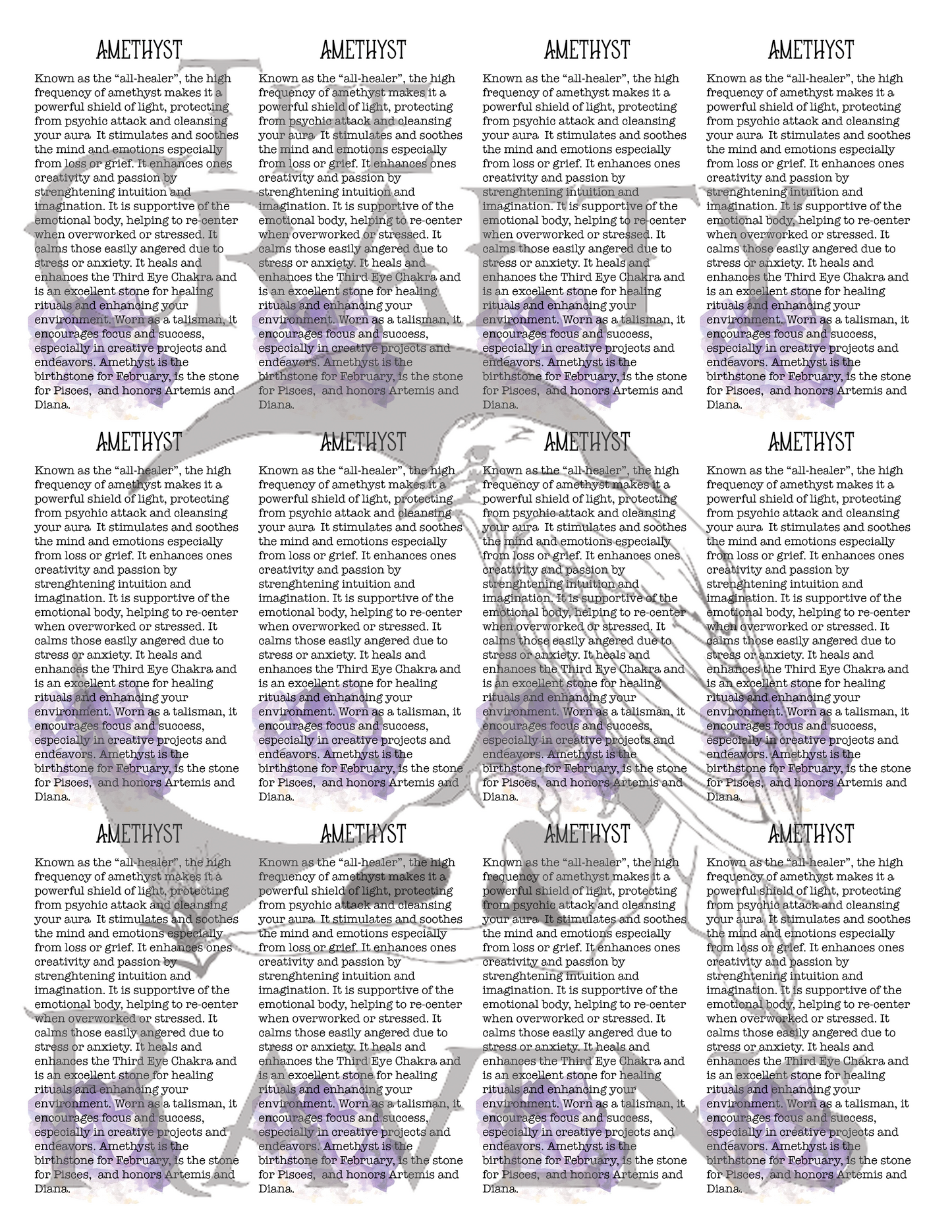 بطاقات معلومات الكريستال - ورقة من 12