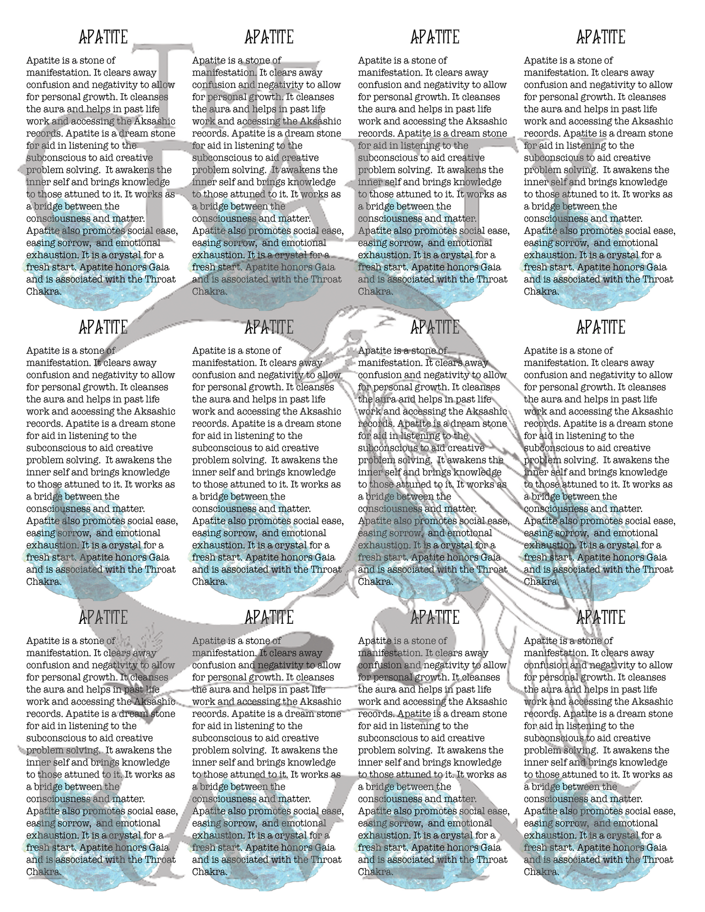 بطاقات معلومات الكريستال - ورقة من 12