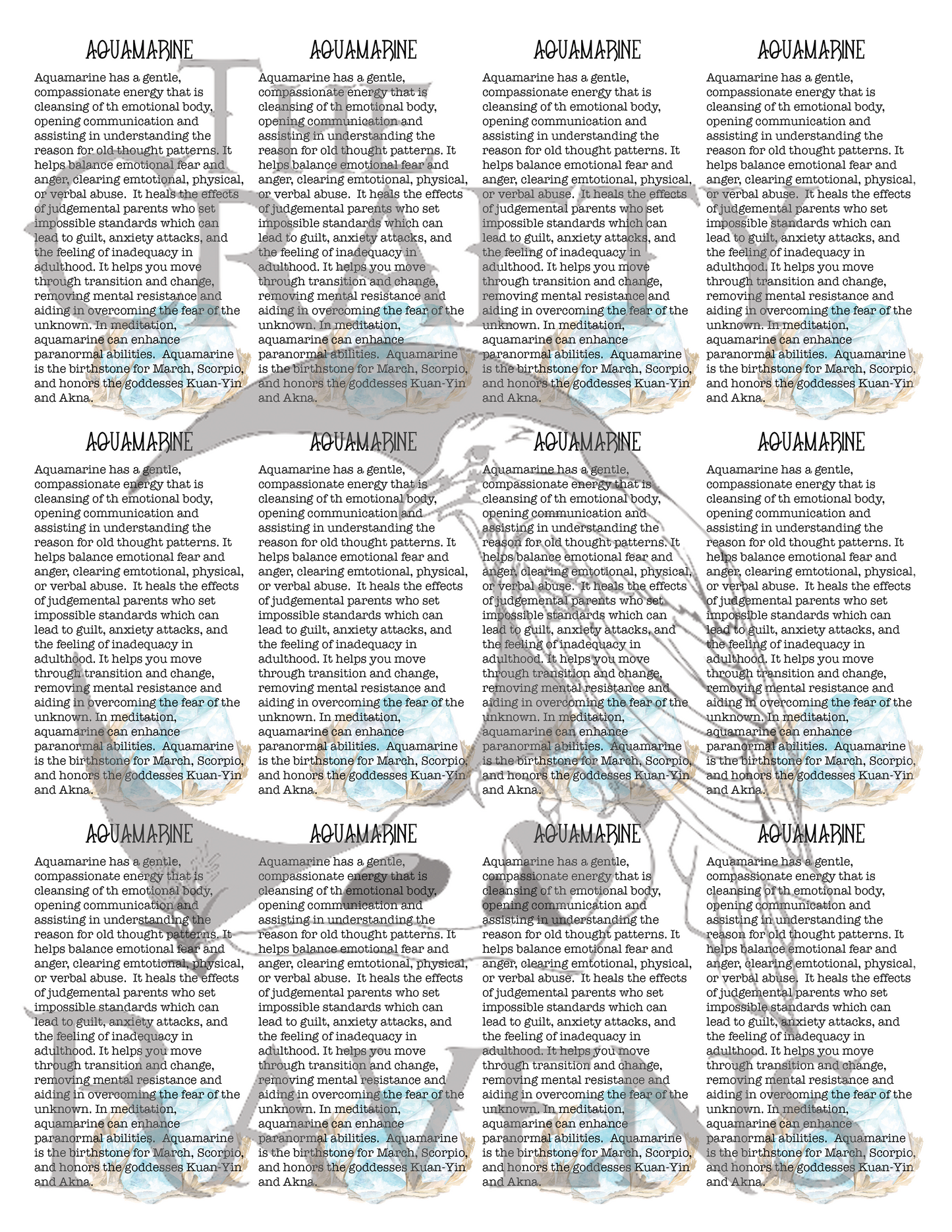 بطاقات معلومات الكريستال - ورقة من 12