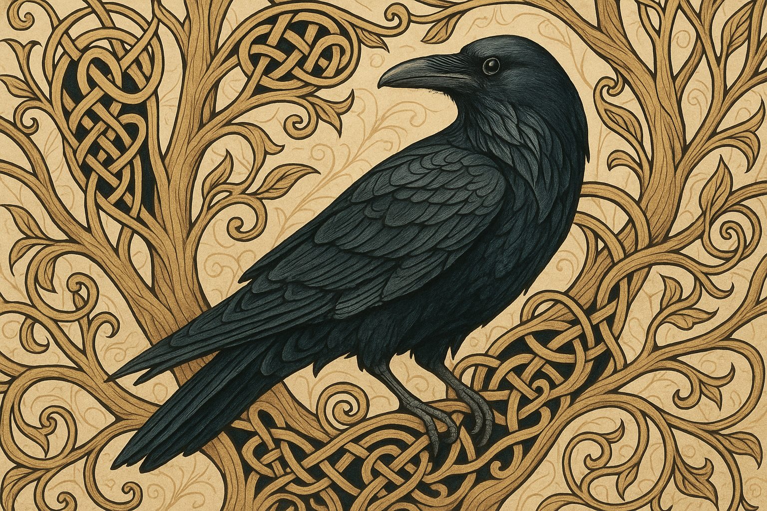 a raven in trees, celtic knotwork, in art nouveau style