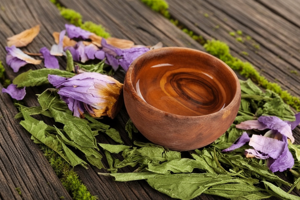 A brown ceramic tea cup filled with a brown herbal tea, surrounded by dried purple flowers and green herbs on a dark background.