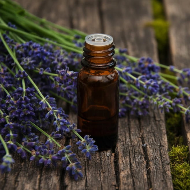 A small brown glass bottle with a dropper cap, labeled 'Lavender Essential Oil', placed on a wooden surface with purple flowers in the background.