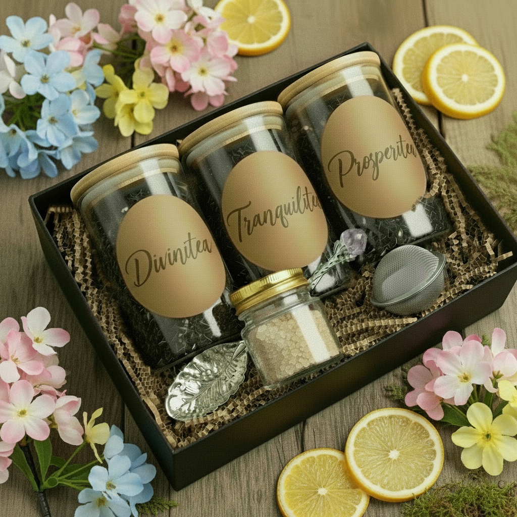 reference vitalitea, and eternitea and create an image with those teas plus another called Hospitalitea, in a black box with brown krinkle shred paper, with a mesh tea infuser and one of my crystal teaspoon images, on a rustic wood background with cedar branches, oranges, and holly