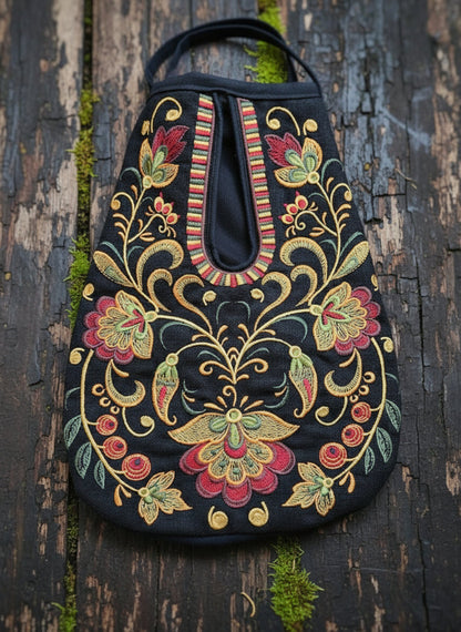 Embroidered bag with floral patterns on a wooden surface
