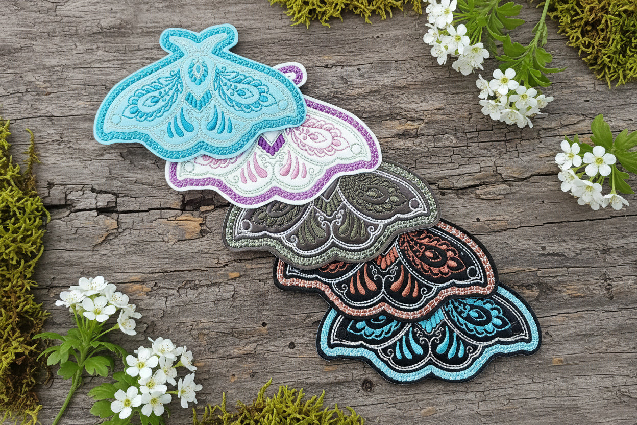Decorative patches with intricate patterns on a wooden surface