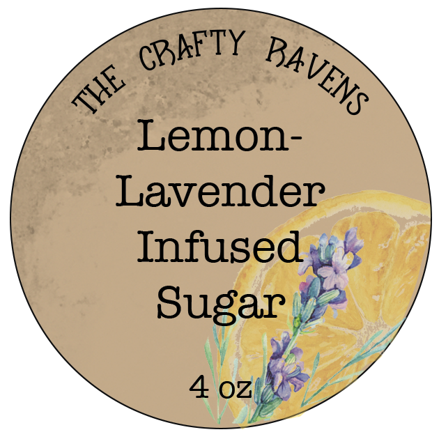 Round label for Lemon-Lavender Infused Sugar by The Crafty Ravens with lemon and lavender graphics.