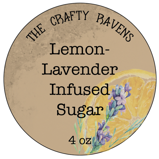 Round label for Lemon-Lavender Infused Sugar by The Crafty Ravens with lemon and lavender graphics.