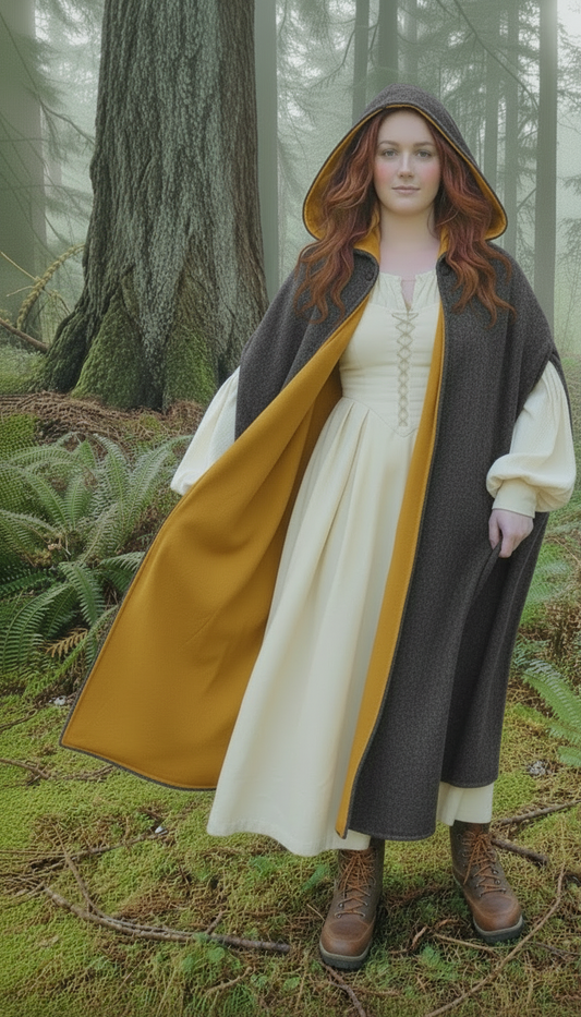 Person wearing a long gray cloak with yellow lining in a forest setting