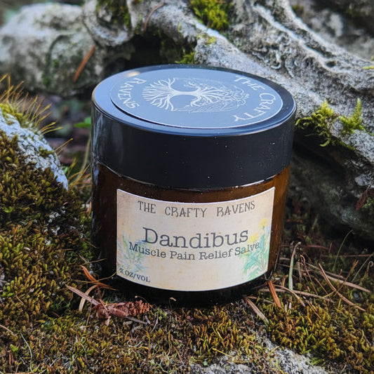Jar labeled 'Dandibus' by 'The Crafty Ravens' on a natural background