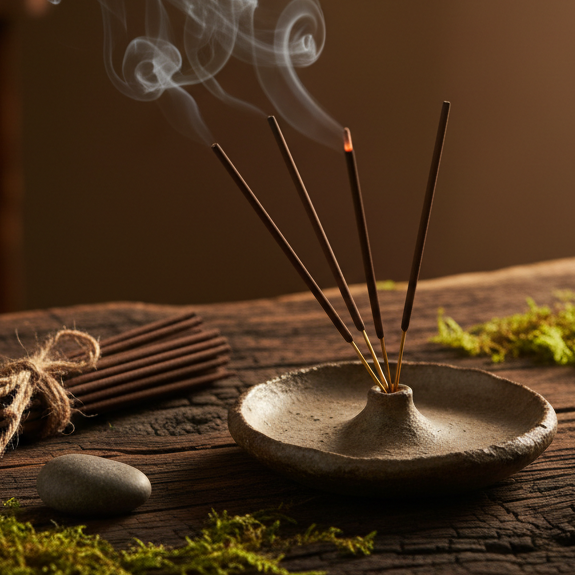 scatter the moss and have the burning incense in a ceramic dish