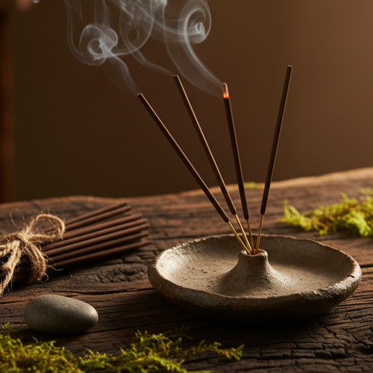 scatter the moss and have the burning incense in a ceramic dish