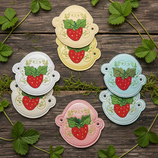 Five embroidered strawberry designs on a dark fabric background