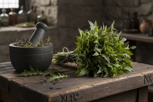 Wild Lettuce on a dark wood medieval table in a bundle, with a mortar and pestle nearby