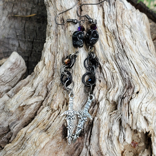 Samhain Skull and Dagger Purple and Black Chainmaille Earrings