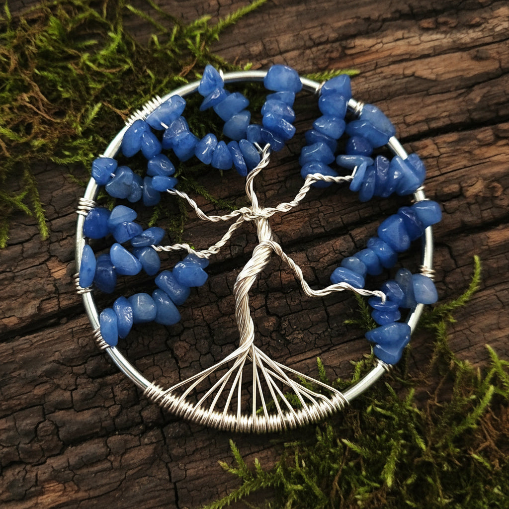 A silver ring suncatcher with blue aventurine crystals and a tree of life design